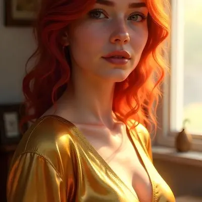 A Caucasian Woman 24 Years Old Red Wavy Hair Red Lipstick Wearing A Golden Shirt In A Room With Sunlight Coming From The Window 31 A804