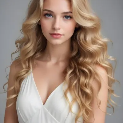 A Caucasian Woman 24 Years Old With Long Blonde Wavy Hair Wearing A White Dress Light Makeup In A Grey Background 36 0da4