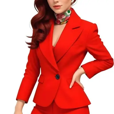 A Caucasian Woman 24 Years Old With Red Hair Wearing A Red Suit And A Floral Scarf Posing In Front Of A White Background 12 6529