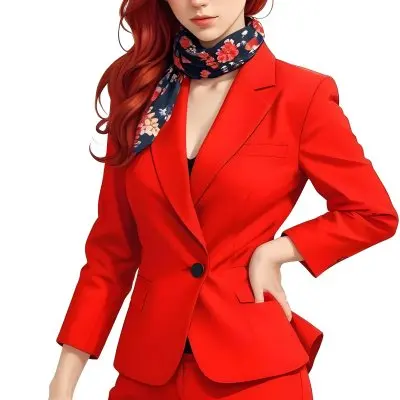 A Caucasian Woman 24 Years Old With Red Hair Wearing A Red Suit And A Floral Scarf Posing In Front Of A White Background 26 Cfe1