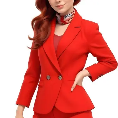 A Caucasian Woman 24 Years Old With Red Hair Wearing A Red Suit And A Floral Scarf Posing In Front Of A White Background 9 D425