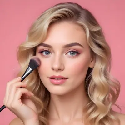 A Caucasian Woman 25 Years Old Blonde Wavy Hair Applying Makeup With A Brush On A Pink Background 1 Fdea