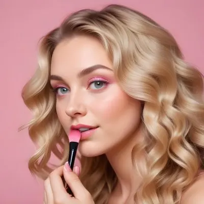 A Caucasian Woman 25 Years Old Blonde Wavy Hair Applying Makeup With A Brush On A Pink Background 3 1fe0