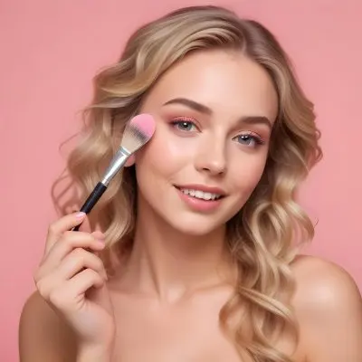 A Caucasian Woman 25 Years Old Blonde Wavy Hair Applying Makeup With A Brush On A Pink Background 4 30c7