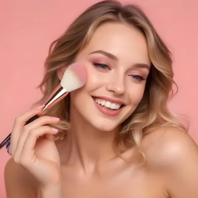 A Caucasian Woman 25 Years Old Blonde Wavy Hair Applying Makeup With A Brush On A Pink Background 5 E9b3
