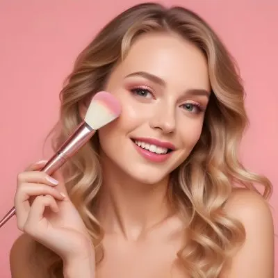 A Caucasian Woman 25 Years Old Blonde Wavy Hair Applying Makeup With A Brush On A Pink Background 6 7007