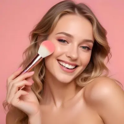 A Caucasian Woman 25 Years Old Blonde Wavy Hair Applying Makeup With A Brush On A Pink Background 7 815a