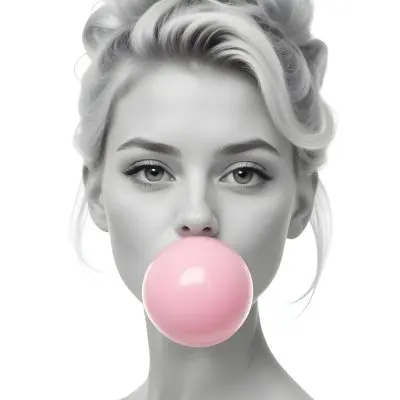 A Caucasian Woman 25 Years Old Blowing A Pink Bubblegum Blonde Hair With An Updo In A White Background 11 F986