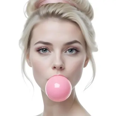 A Caucasian Woman 25 Years Old Blowing A Pink Bubblegum Blonde Hair With An Updo In A White Background 16 C73f