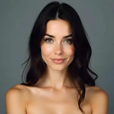 A Caucasian Woman 25 Years Old Dark Hair Nude Shoulders Wearing Makeup In A Grey Background 1 745b