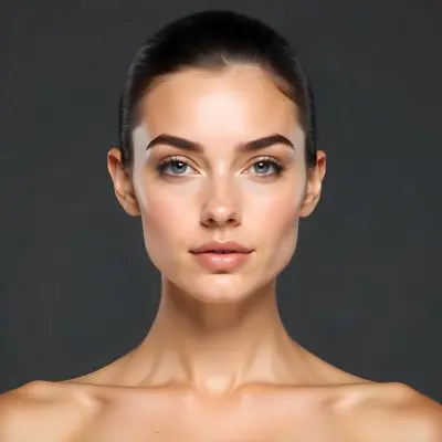 A Caucasian Woman 25 Years Old Dark Hair Nude Shoulders Wearing Makeup In A Grey Background 10 07d7