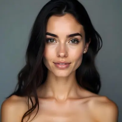 A Caucasian Woman 25 Years Old Dark Hair Nude Shoulders Wearing Makeup In A Grey Background 12 Ff67