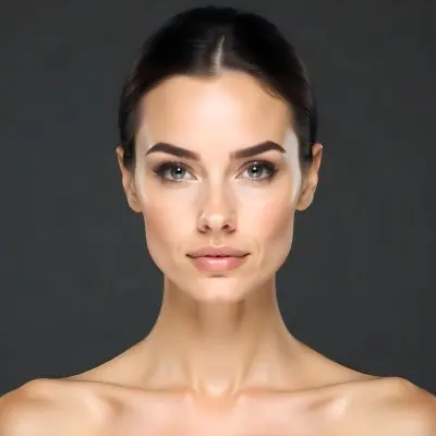 A Caucasian Woman 25 Years Old Dark Hair Nude Shoulders Wearing Makeup In A Grey Background 16 B7e9