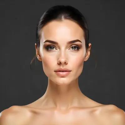 A Caucasian Woman 25 Years Old Dark Hair Nude Shoulders Wearing Makeup In A Grey Background 17 0c13