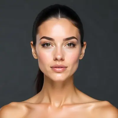 A Caucasian Woman 25 Years Old Dark Hair Nude Shoulders Wearing Makeup In A Grey Background 18 D17d