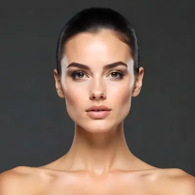 A Caucasian Woman 25 Years Old Dark Hair Nude Shoulders Wearing Makeup In A Grey Background 24 6a71
