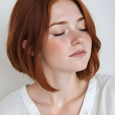 A Caucasian Woman 25 Years Old Freckles Red Hair Closed Eyes Wearing A White Shirt In A White Background 14 46b3