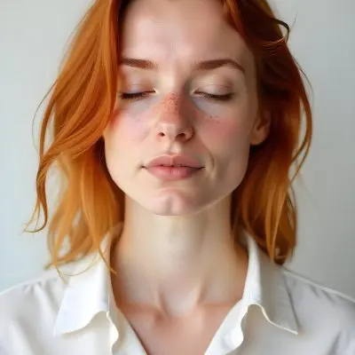 A Caucasian Woman 25 Years Old Freckles Red Hair Closed Eyes Wearing A White Shirt In A White Background 24 F937