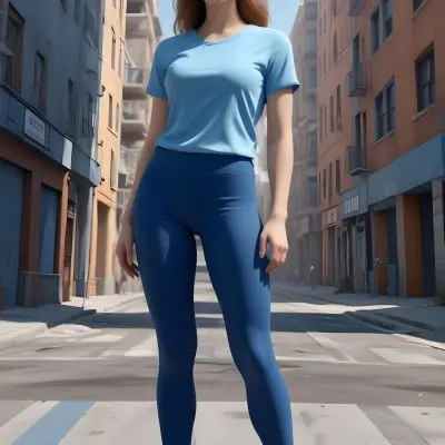A Caucasian Woman 25 Years Old Light Brown Hair Wearing A Blue Shirt And Blue Leggings In A Urban Background 13 783e