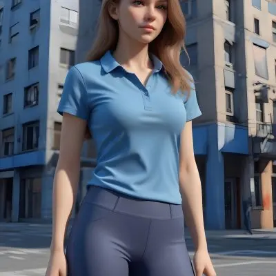 A Caucasian Woman 25 Years Old Light Brown Hair Wearing A Blue Shirt And Blue Leggings In A Urban Background 41 Ec0f