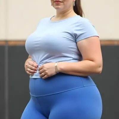 A Caucasian Woman 25 Years Old Light Brown Hair Wearing A Blue Shirt And Blue Leggings In A Urban Background 9 42b3