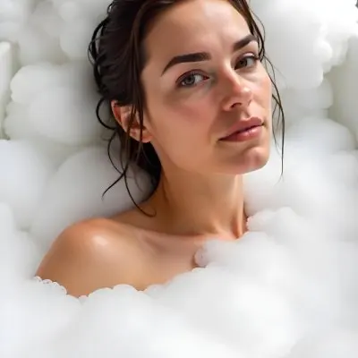 A Caucasian Woman 25 Years Old Wet Brown Hair In A Bathtub Full Of Foam Looking At The Camera 6 7435