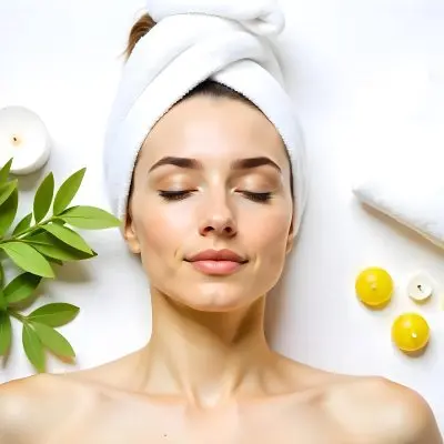 A Caucasian Woman 25 Years Old With A Towel On Her Head Lying On A White Towel With Candles And Plants Around Her 11 Fe42