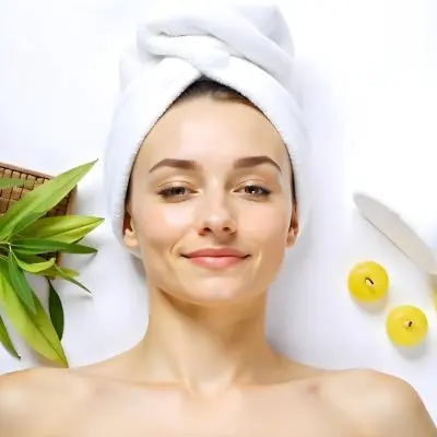 A Caucasian Woman 25 Years Old With A Towel On Her Head Lying On A White Towel With Candles And Plants Around Her 21 Eb01