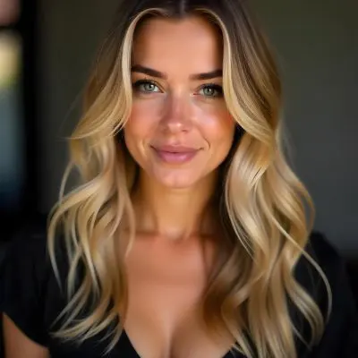 A Caucasian Woman 25 Years Old With Blonde Wavy Hair And A Black Top In A Blurred Room 2 C54b