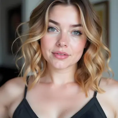 A Caucasian Woman 25 Years Old With Blonde Wavy Hair And A Black Top In A Blurred Room 24 8d53