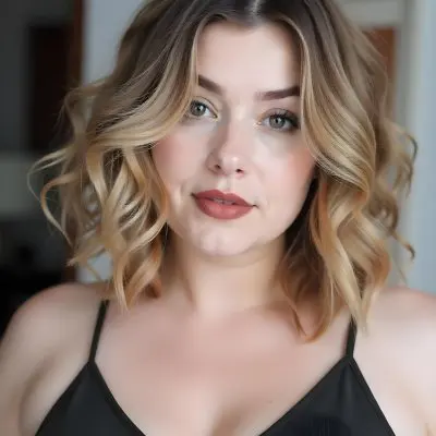 A Caucasian Woman 25 Years Old With Blonde Wavy Hair And A Black Top In A Blurred Room 3 Ed42