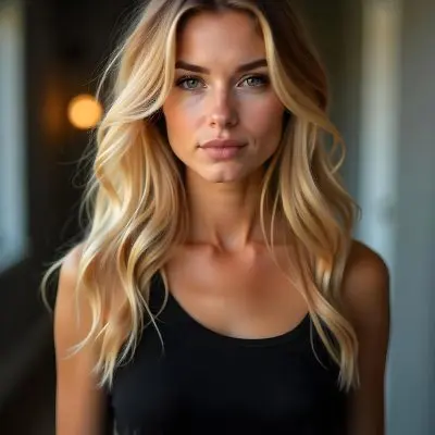 A Caucasian Woman 25 Years Old With Blonde Wavy Hair And A Black Top In A Blurred Room 4 E3d9
