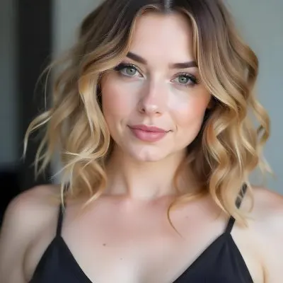 A Caucasian Woman 25 Years Old With Blonde Wavy Hair And A Black Top In A Blurred Room 5 Bea7