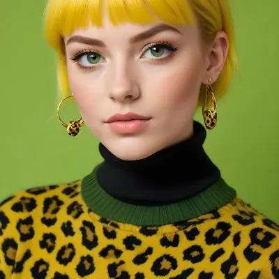 A Caucasian Woman 25 Years Old With Yellow Hair And Green Eyes Wearing A Yellow And Black Leopard Turtleneck Sweater And Golden Earrings In A Green Background 1 9236