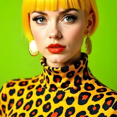 A Caucasian Woman 25 Years Old With Yellow Hair And Green Eyes Wearing A Yellow And Black Leopard Turtleneck Sweater And Golden Earrings In A Green Background 13 7e91