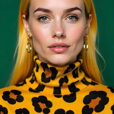 A Caucasian Woman 25 Years Old With Yellow Hair And Green Eyes Wearing A Yellow And Black Leopard Turtleneck Sweater And Golden Earrings In A Green Background 14 55b6