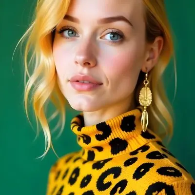 A Caucasian Woman 25 Years Old With Yellow Hair And Green Eyes Wearing A Yellow And Black Leopard Turtleneck Sweater And Golden Earrings In A Green Background 15 43ab