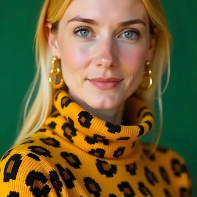 A Caucasian Woman 25 Years Old With Yellow Hair And Green Eyes Wearing A Yellow And Black Leopard Turtleneck Sweater And Golden Earrings In A Green Background 16 8177