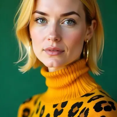 A Caucasian Woman 25 Years Old With Yellow Hair And Green Eyes Wearing A Yellow And Black Leopard Turtleneck Sweater And Golden Earrings In A Green Background 17 1bd6