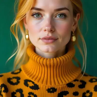 A Caucasian Woman 25 Years Old With Yellow Hair And Green Eyes Wearing A Yellow And Black Leopard Turtleneck Sweater And Golden Earrings In A Green Background 18 5637