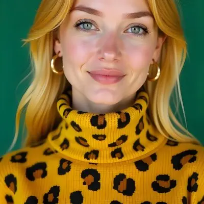 A Caucasian Woman 25 Years Old With Yellow Hair And Green Eyes Wearing A Yellow And Black Leopard Turtleneck Sweater And Golden Earrings In A Green Background 19 523a