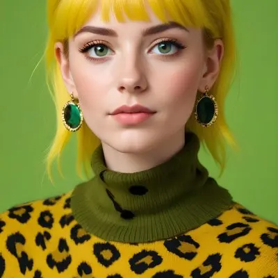 A Caucasian Woman 25 Years Old With Yellow Hair And Green Eyes Wearing A Yellow And Black Leopard Turtleneck Sweater And Golden Earrings In A Green Background 2 716c