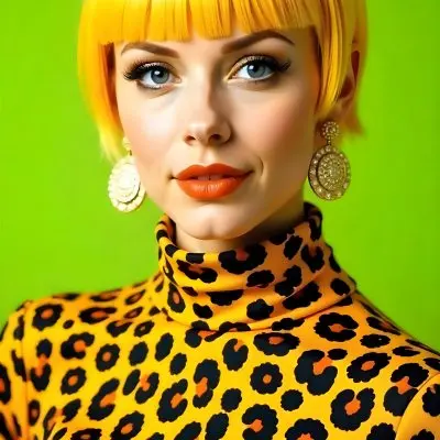 A Caucasian Woman 25 Years Old With Yellow Hair And Green Eyes Wearing A Yellow And Black Leopard Turtleneck Sweater And Golden Earrings In A Green Background 21 00f9