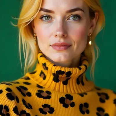 A Caucasian Woman 25 Years Old With Yellow Hair And Green Eyes Wearing A Yellow And Black Leopard Turtleneck Sweater And Golden Earrings In A Green Background 22 1cb4