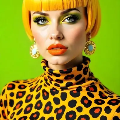 A Caucasian Woman 25 Years Old With Yellow Hair And Green Eyes Wearing A Yellow And Black Leopard Turtleneck Sweater And Golden Earrings In A Green Background 23 028c