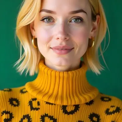 A Caucasian Woman 25 Years Old With Yellow Hair And Green Eyes Wearing A Yellow And Black Leopard Turtleneck Sweater And Golden Earrings In A Green Background 24 69b0