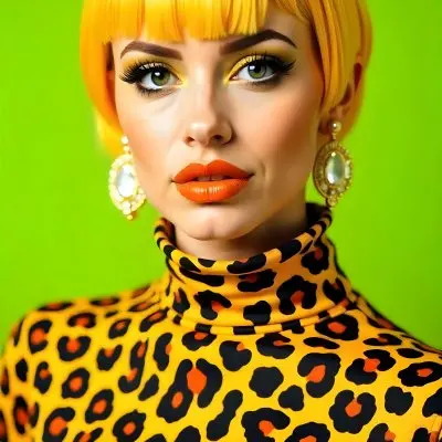 A Caucasian Woman 25 Years Old With Yellow Hair And Green Eyes Wearing A Yellow And Black Leopard Turtleneck Sweater And Golden Earrings In A Green Background 25 5cd2