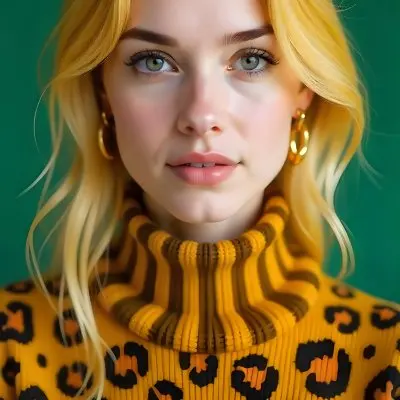 A Caucasian Woman 25 Years Old With Yellow Hair And Green Eyes Wearing A Yellow And Black Leopard Turtleneck Sweater And Golden Earrings In A Green Background 26 899d