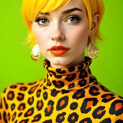 A Caucasian Woman 25 Years Old With Yellow Hair And Green Eyes Wearing A Yellow And Black Leopard Turtleneck Sweater And Golden Earrings In A Green Background 29 4f04