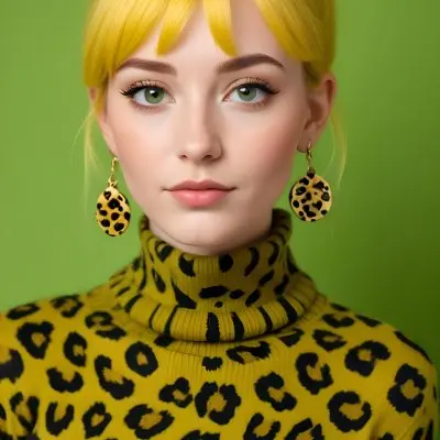 A Caucasian Woman 25 Years Old With Yellow Hair And Green Eyes Wearing A Yellow And Black Leopard Turtleneck Sweater And Golden Earrings In A Green Background 3 78c5